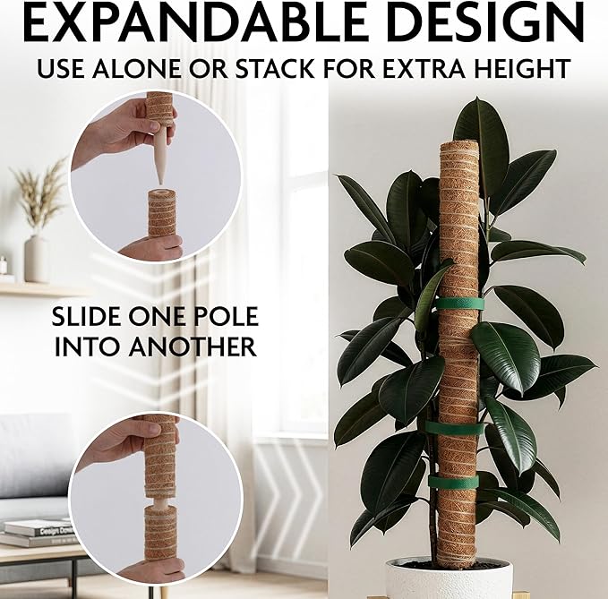 2 Pcs Small Moss Pole Monstera Plant Support Set - 15.75" Pothos Plant Climber Support with Connectable Design, Fixation Strip, Coconut Fiber Moss Poles for Monstera Plants, Money Plants, Philodendron