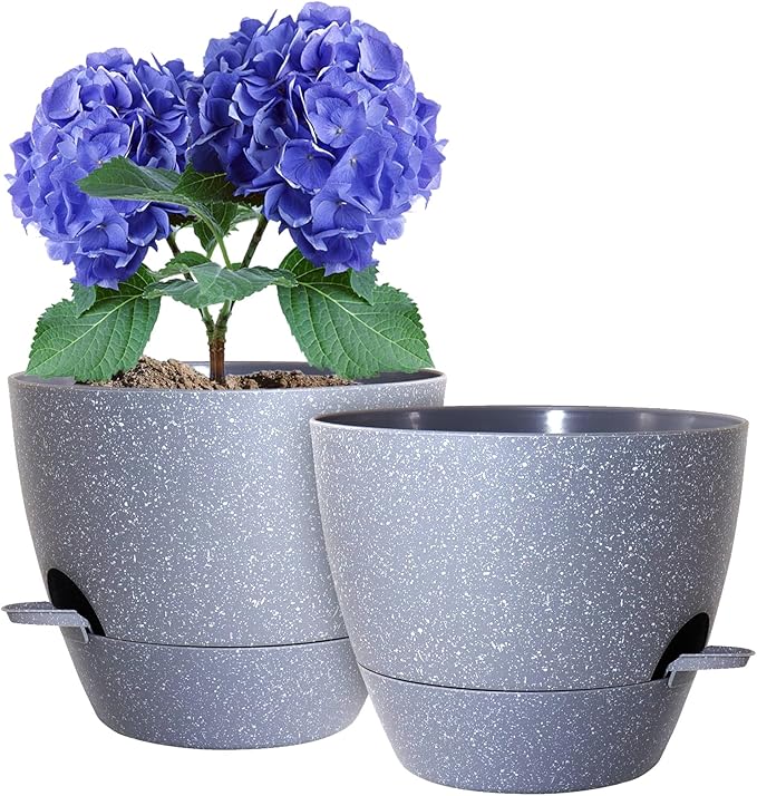 WSMKSZ 10 inch Self Watering Pots, Planter, Plant Pots with Mesh Drainage Holes for Indoor Outdoor House Plants and Garden, Set of 2 Plastic Flower Pots with Deep Reservoir, Speckled Grey