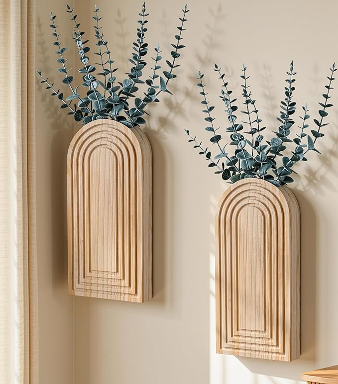 DREAMLOOM 2 Pack Wooden Wall Vases with Eucalyptus Artificial Plants, Wall Hanging Planters Boho Modern Farmhouse Indoor for Narrow Spaces Entryway Bathroom Home Office Decoration, Retro