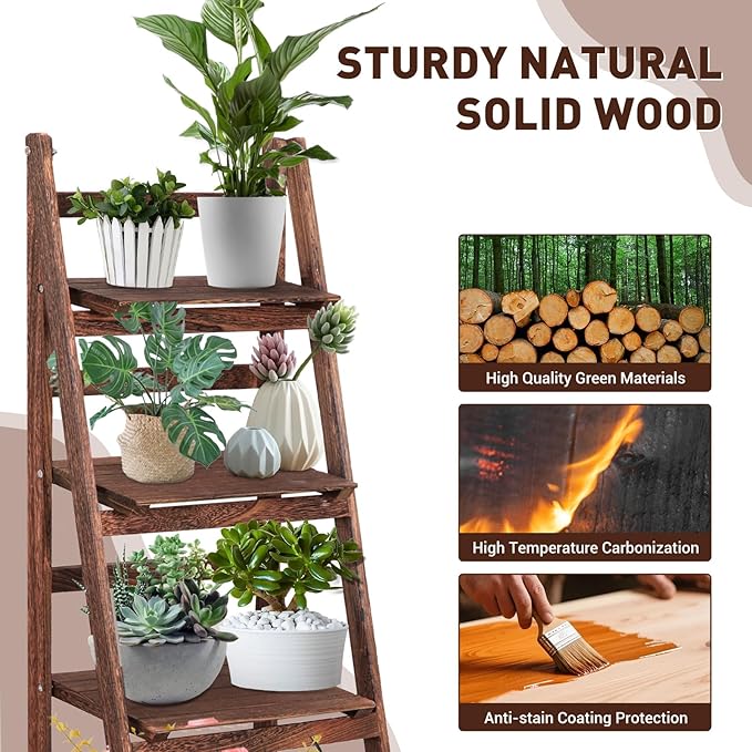 Funkeen 4 Tier Wooden Ladder Shelf, Decorative Freestanding Leaning Display Bookshelf, Folding Indoor & Outdoor Plant Stand Rustic Storage Rack Shelves for Living Room, Bathroom, Balcony, Kitchen