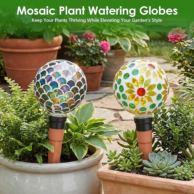 Plant Watering Globes Mosaic Self Watering Spikes 2 Pack for Indoor Outdoor Plants Automatic Plant Waterer Plant Watering Devices for Vacations Pot