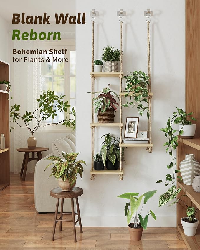 GENTINGBRO Window Plant Shelves Macrame Plant Hanger Floating Shelves Window Sill Shelf for Plants Hanging Plant Stand Indoor Window Plant Holder Boho Decor Living Room Bedroom Wall Decor