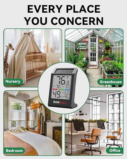 BALDR Indoor Thermometer Hygrometer, Solar Power with Battery Backup, Large Display, Daily Max/Min & Comfort Indicator Humidity Meter（Black）
