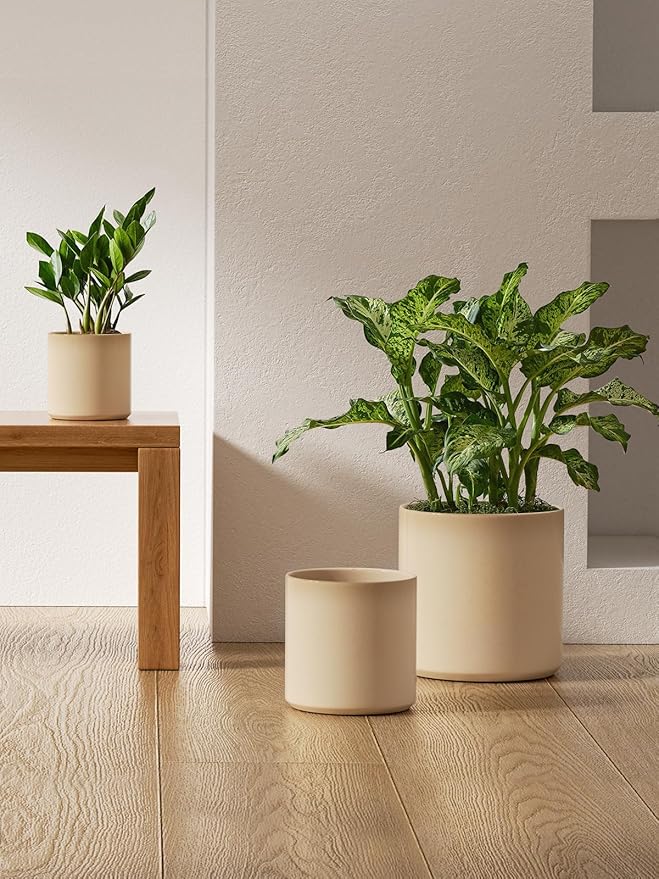 LE TAUCI Ceramic Pots for Plants, 10/8/6 Inch Indoor Planters with Draiange Hole, Silicone Plug & Mesh Pad, Modern Minimalist Pots for Home Office, Set of 3, Glossy, Sand Beige