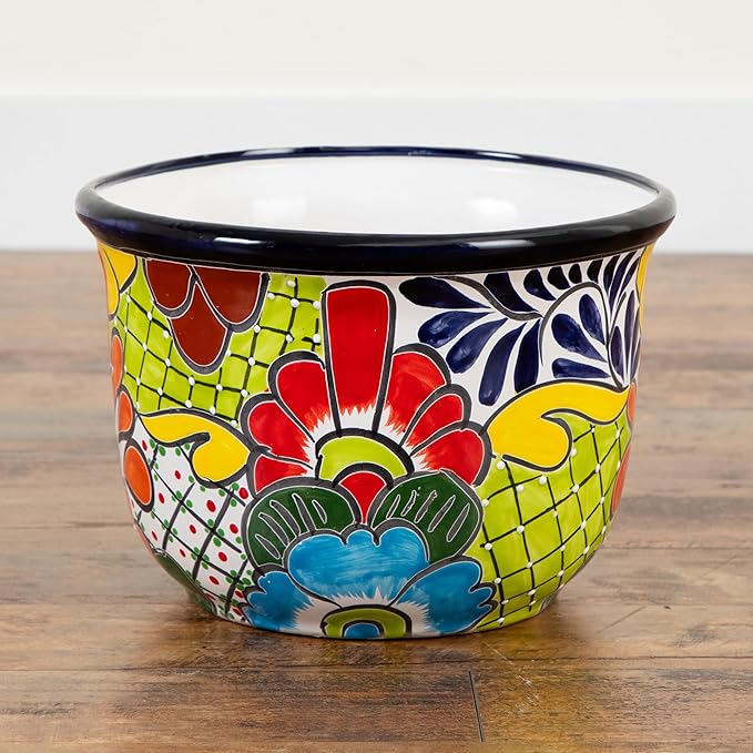 Nearly Natural Handcrafted Talavera Ceramic Planter - 9in x 12.5in, Vibrant Hand-Painted Mexican Design, Suitable for Faux and Live Plants with Drainage Hole, Colorful Home Decor, Not Food Safe