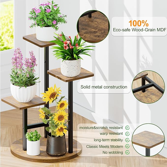 3 Tier Square Wood Plant Stand Indoor Outdoor, Wood Tall Plant Rack, Heavy Duty Wrought Iron Flower Pot Stand, Planter Display Rack for Living Room Balcony Garden Patio - BlackSquare