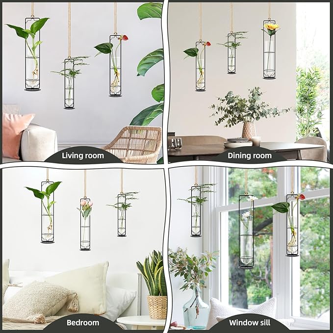 MIPON Metal Hanging Plant Propagation Station,3 Size Glass Test Tube Hydroponic Planter,Boho Wall Hanging Plant Cuttings Holder,Indoor Water Plant Terrarium Tubes for Home Office Window Decor-Black