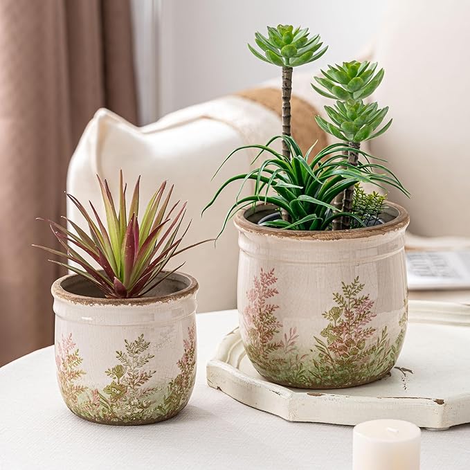 SURE YUESI Vintage Pink & Green Ceramic Planter Set of 2, 4.7” & 5.7” Rustic Flower Pots for Indoor Plants, Decorative Home & Garden Plant Pots