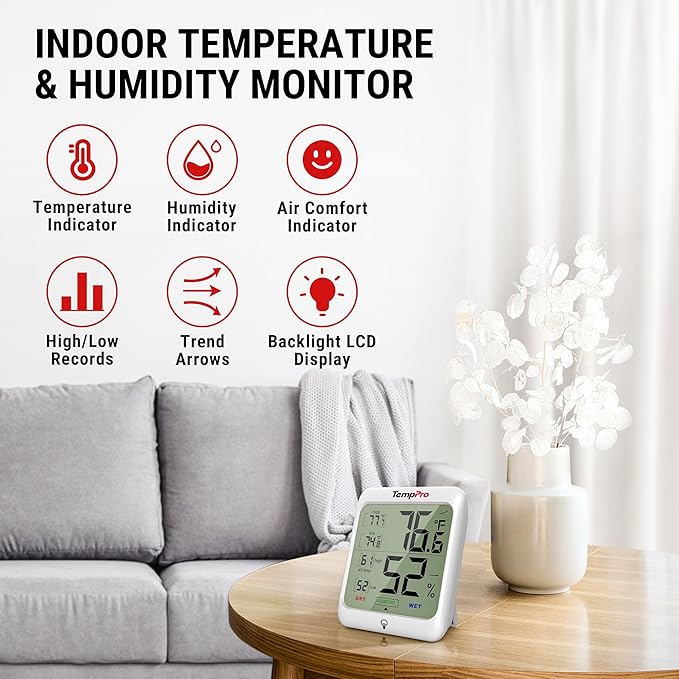 TempPro TP53 2 Pack Digital Hygrometer Indoor Thermometer for Home, Temperature Humidity Meter with Comfort Indicator & Max Min Records, Backlit Display Room Thermometer (Previously ThermoPro)