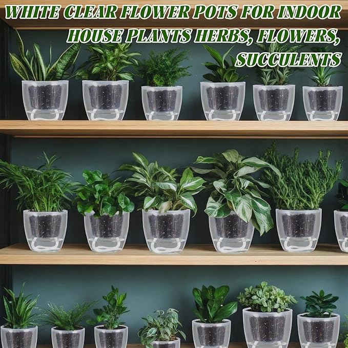 18pcs Self Watering Pots 3.5inch Plastic Flower Plant Pot with Inner Pot Self Watering Wick Planter White Clear Flower Pots for Indoor House Plants Herbs, Flowers, Succulents(Transparent)