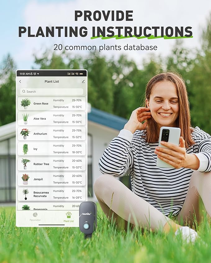 RAINPOINT Bluetooth 2-in-1 Soil Moisture & Air Temp Meter, App Remote Monitoring, 20 Plant Database, Compatible with WiFi Hub TWG009 & Water Timer ITV102b