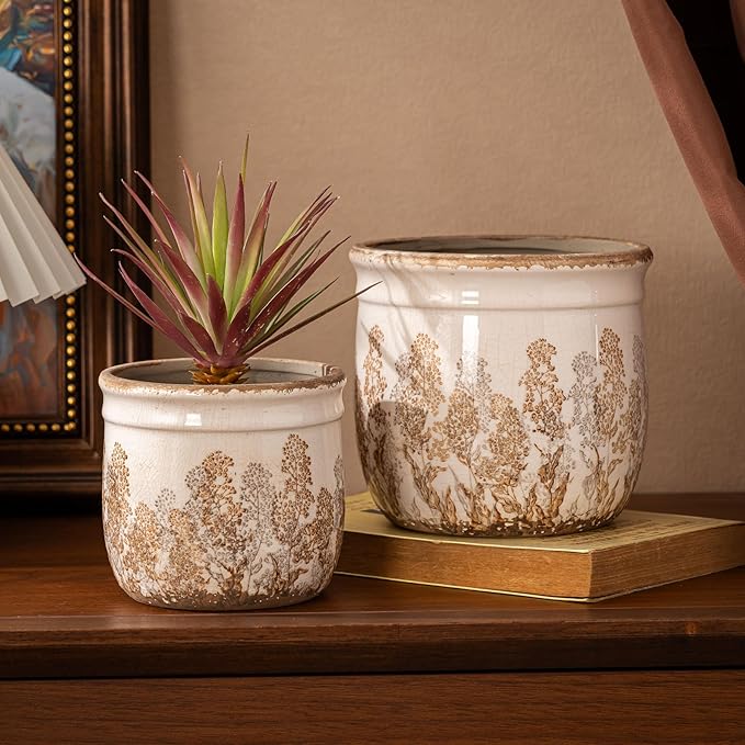 SURE YUESI Set of 2 Ceramic Planters 4.7” & 5.7”, Vintage Brown Rustic Flower Pots Without Drainage Hole, Decorative Indoor Plant Pots for Home Decor, Living Room