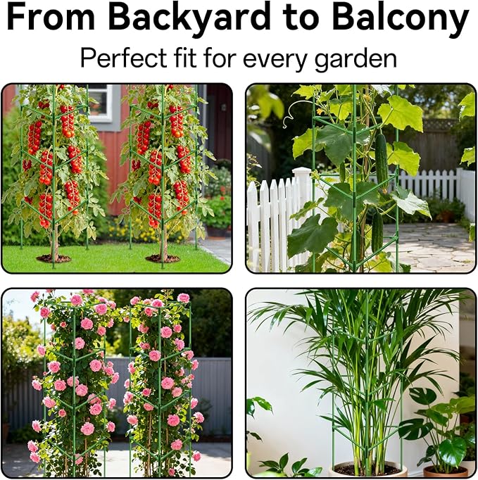 Halatool 57 Inch Tall Tomato Cages, 4 Pack Heavy Duty Metal Plant Supports Stakes for Garden, Adjustable Foldable Steel Trellis for Climbing Plants Cucumbers Peppers Cherry Flowers Vegetables Fruits