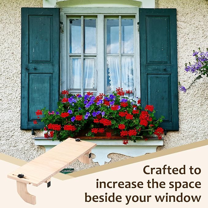 1 Pcs Natural Window Sill Plant Shelf for Plants 21.7 x 7.1 x 5.9 Inch Windowsill Extender Window Plant Floating Shelves No Drilling Wooden Bracket for Cat Perch Planters (Right Angle)
