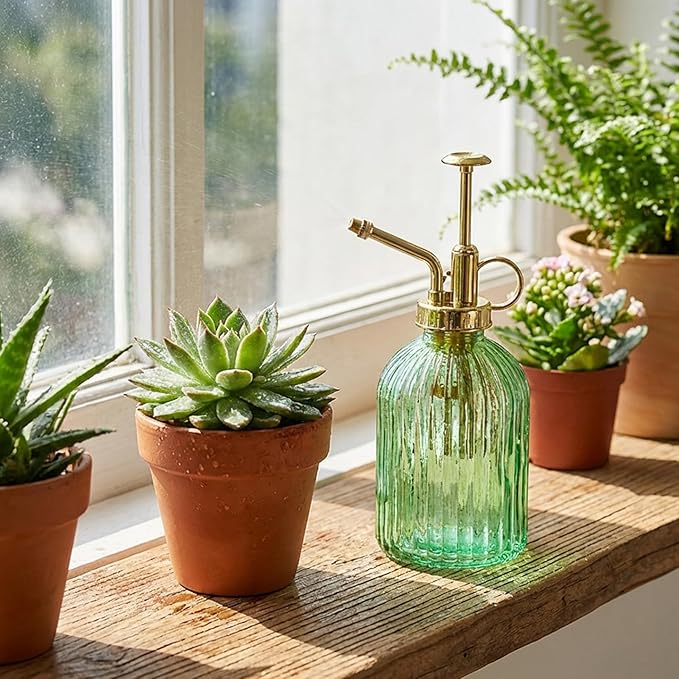 Plant Misters, Glass Plant Mister, 7.5 Inch Elegant Green Glass Watering Can with Gold Pump, Perfect Indoor Mister for Succulents, Ferns and Home Decor, Spray Bottle