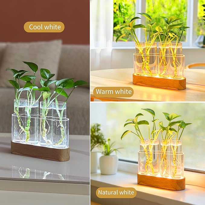 Plant Propagation Station with LED Lights, Wooden Stand, 4 Glass Test Tubes for Hydroponic Plants, 3 Lighting Modes 9 Brightness, Plant Lovers