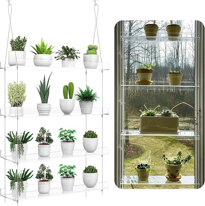 2-Pack Hanging Clear Plant Shelves for Windows, Acrylic Window Wall Plant Stand Shelf for Kitchen Indoor Gardens, Flower, Herb, Seedling Organization, and Pots Display, 16 Inch per Tier