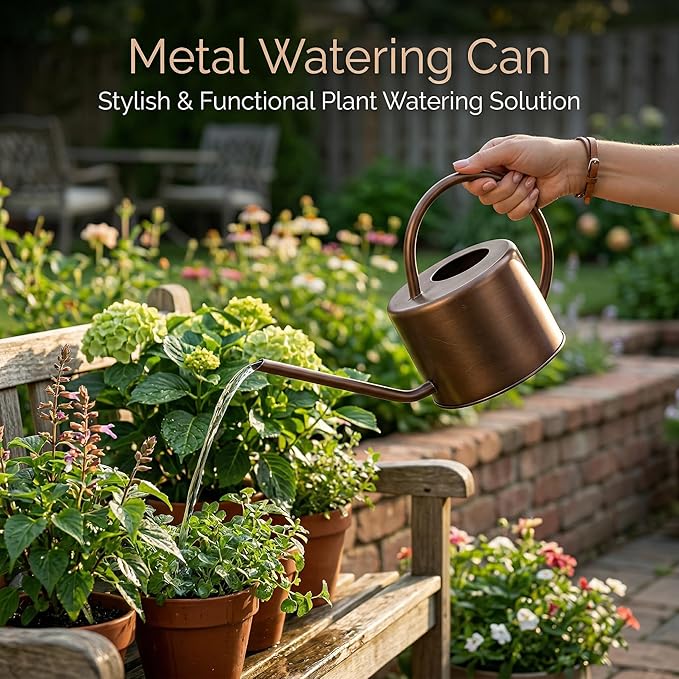 Topadorn 1.3L Watering Can for Indoor and Outdoor Plants - Long Spout Water Can for Garden, Flower, House Plants, Decorative Brown Watering Can
