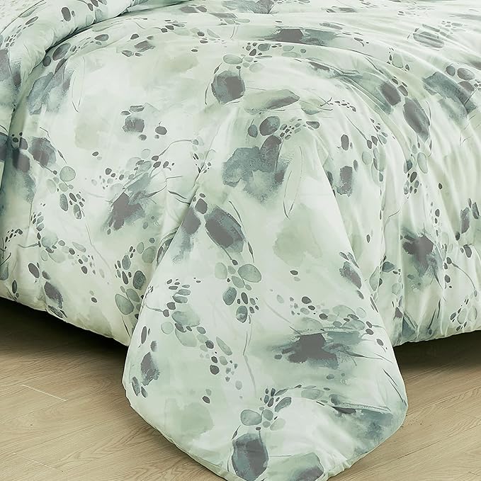 Chezmoi Collection Cristie 7-Piece Floral Bed in a Bag King Comforter Set - Green Gray White Watercolor Floral Printed Microfiber Bedding Set