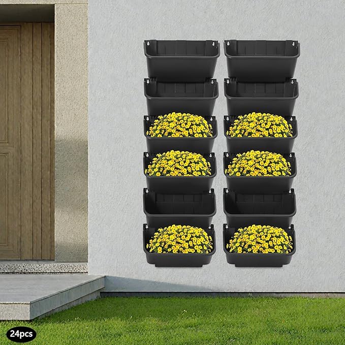Bacocoo Vertical Garden Planter - 24 Pack, 13 inch Wall Mounted Planter for Patio Outdoor Decor, Home Green Plastic Pot Balcony Plant Vegetable Fruit Herb Hanging Pocket Holder Flowerpot. (Black)