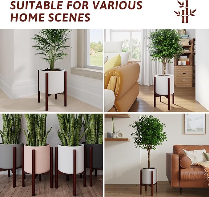 GENTINGBRO Adjustable Plant Stand Indoor, Bamboo Plant Holder 8 to 12 Inches, 3 Pack Single Floor Plant Stand for Living Room Balcony Bedroom, Reddish Brown