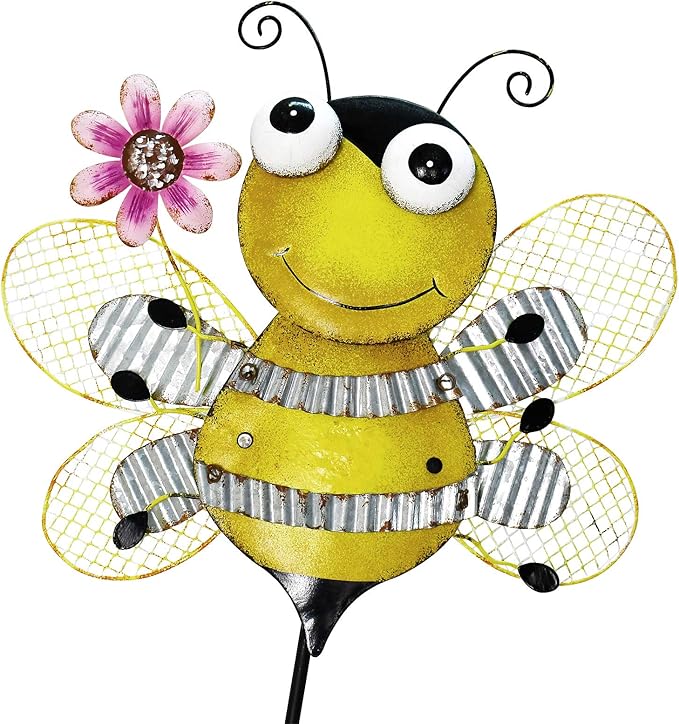 Garden Decor Metal Yard Stakes Spring Lawn Art Decorative Plant Stake Indoor Outdoor Ornaments Decoration for Patio Pathway Backyard (Bee)