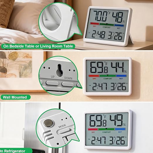 Digital Hygrometer Indoor Thermometer, Clock with Temp & Humidity, Temp Gauge with Comfort Indicator, Wall/Magnetic/Desk Alarm Clock for Bedroom, Baby Room, Office, Kitchen, Garage (White)
