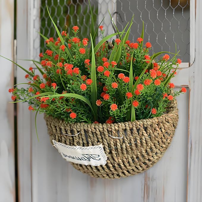 Hand-Woven Seagrass Wall Hanging Basket, Boho Half-Moon Hanging Planter with "Flowers" Label, Rustic Wall Mounted Storage Basket for Plants, Keys, Small Decor (Natural Seagrass)