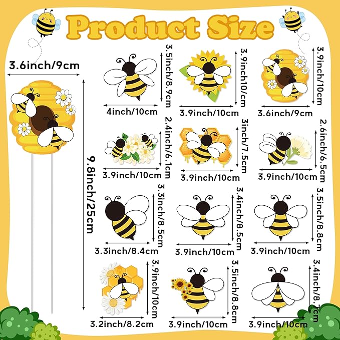 Bee Garden Stake Decor - 12 Pcs Yellow Working Bee Art Stick Floral Picks Garden Yard Metal Decorative Stake Sign Spring Summer Outdoor Backyard Pathway Lawn Plant Flower Pots Decoration