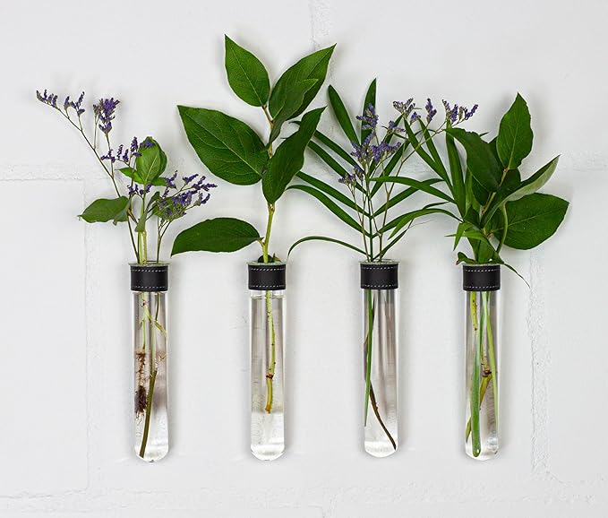 Magnetic Wall Hanging Plant Propagation Station - 2PC - Black Leather Wrapped Test Tube Vase Set, Modern Home and Office Decor, Hydroponic Plant Holder, Includes Wall Mount Magnets