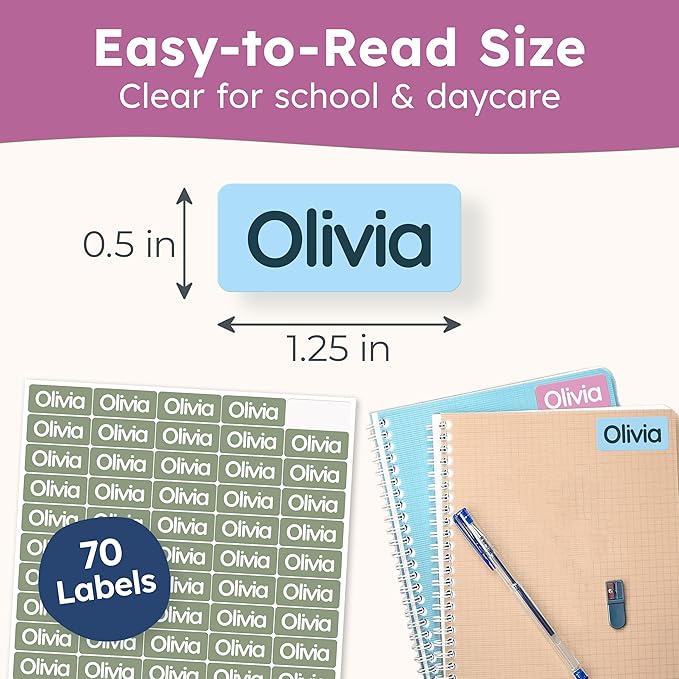 Personalized Name Labels for Kids (70 Labels) - Durable & Waterproof Custom Name Stickers for Clothing Tags, School Supplies, Camp & Daycare - Solid Colors (1.2”x0.5”)