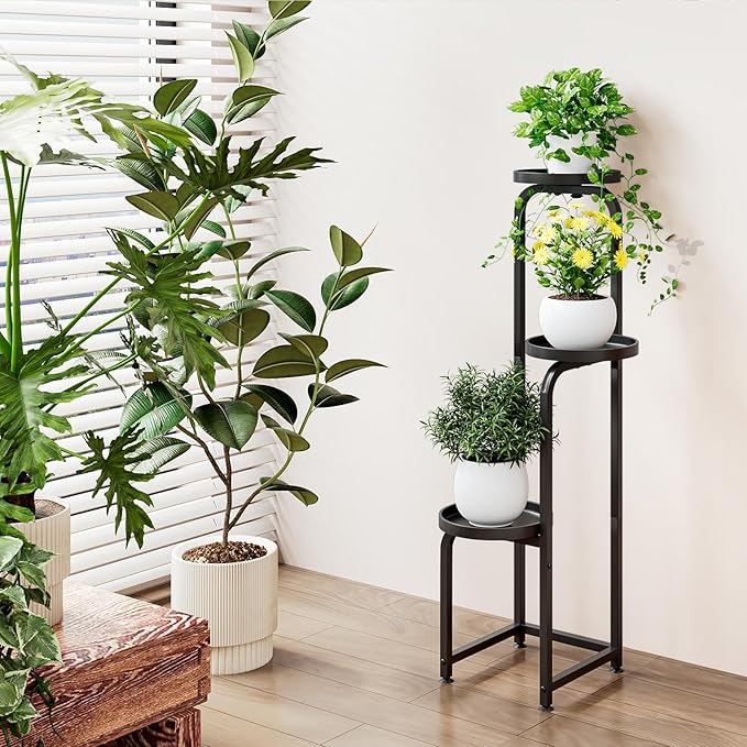 INGIORDAR Plant Stand Indoor Outdoor 3 Tier Metal Plant Shelf for Multiple Plants Corner Flower Holders for Living Room Balcony Bedroom Patio Garden, Black (Black, 3-Tier)