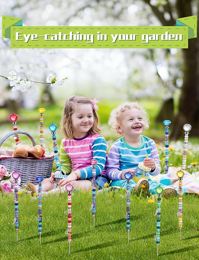 336 Pcs Beaded Garden Stakes, DIY Fairy Wand Garden Stake Beads Kits with 272 Colorful Assortment Round Large Hole Beads with Sparkling Silver Crystal Pendants Stopper Top for Outdoor Beadable Items