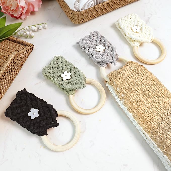 BROWNLILY 4 Pcs Handmade Crochet Towel Holder with Unique Flower Button for Bathroom, Hanging Towel Rack for Kitchen, Macrame Towel Hanger Over The Cabinet Oven Stove Door - Single Ring