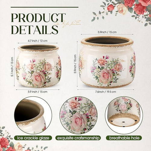 2 Pcs Vintage Planter Ceramic Plants Pot with Drainage Ice Crack Scroll Flower Vase Pot for Indoor Outdoor Plants Home Kitchen Decor Gifts(Country Rose,7.7" & 5.9")