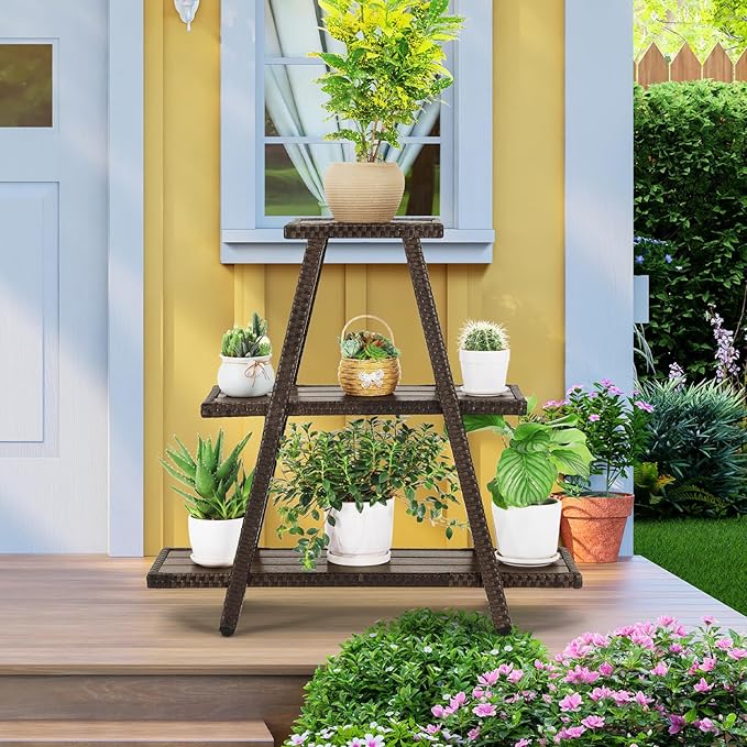 Outdoor Plant Stand for Patio 3 Tier Plant Stand Shelf with Wicker Poly Lumber Flower Stand Holder Tiered Multi Ladders Plant Holder Display Rack with Adjustable Feet for Outside Balcony Porch Brown