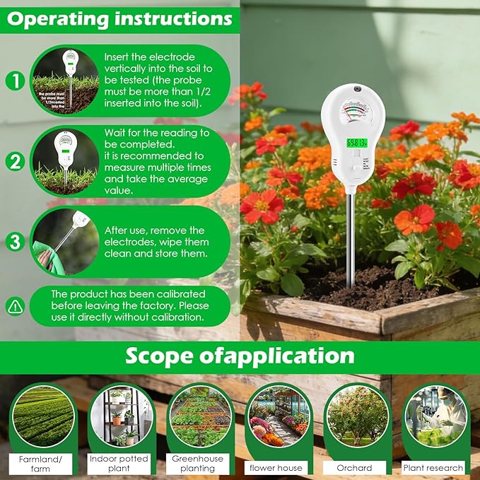 6-in-1 Soil Test Kit with 3 Replaceable Probes, Soil Tester for Gardening, Plant Water Meter, Soil pH Tester for Soil Fertilizer, Sunlight & LCD Display Air Temperature Humidity Sensor