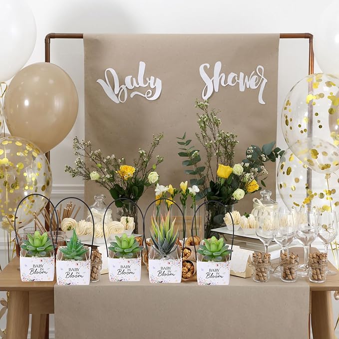 Soaoo 60 Pcs Succulent Baby Shower Favors Bulk Grow Succulents Wrap Bags with Handles Baby in Bloom Plants Paper Pots Gift Boxes Decorations Supplies Plants not Included Fits 2 Inch Pots (Wildflower)