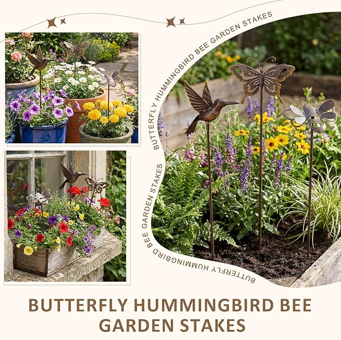 AceOrbit 6 Pcs Rusty Yard Stakes Spring Decor 11.8" Metal Butterfly Hummingbird Bee Stakes Rust Proof Plant Sticks Flowers Bed Decor for Farmhouse Outdoor Yard Lawn Patio Walkway Pathway (Insect)