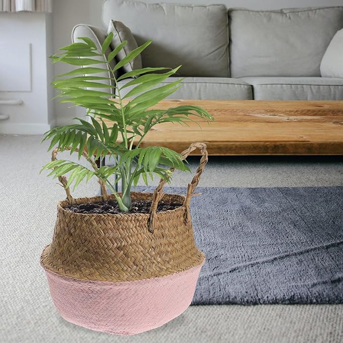 Toyvian Woven Seagrass Flower Basket with Handle, 27cm Diameter Decorative Plant Pot for Home Gardening and Living Room Storage, Foldable Pink Rattan Planter for Indoor Use