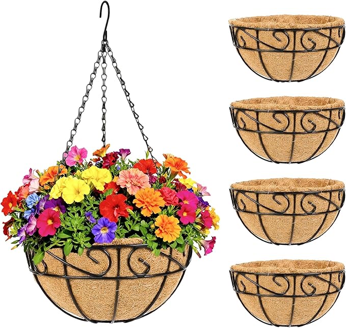 Metal Hanging Planters Basket Set of 4 Outdoor with Coco Fiber Liners Chain Hanging Basket Suitable for Vegetables Flower Heavy Duty Round Plant Holder Garden Balcony Patio Deck Porch Decor