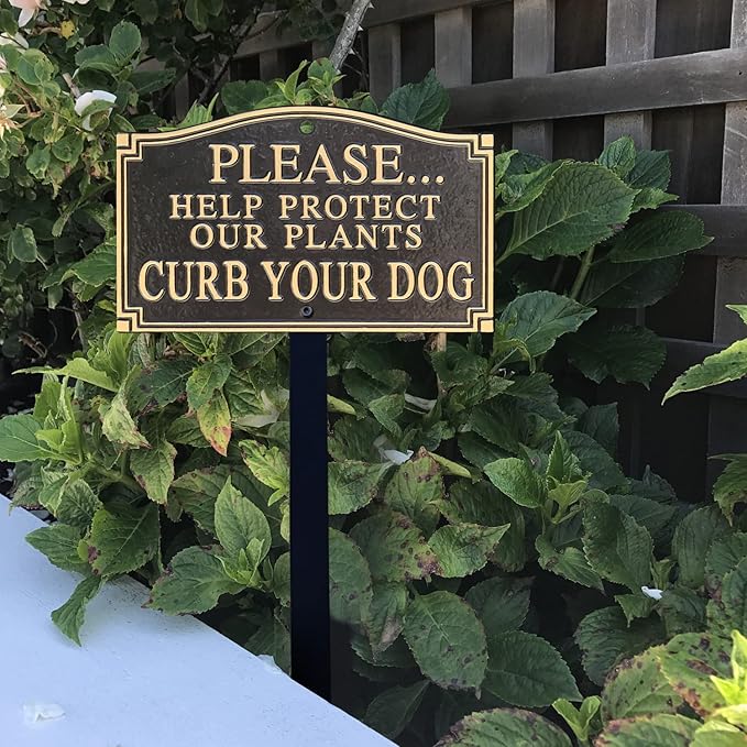 SmartSign 5.75 x 9.5 inch “Please Help Protect Plants - Curb Your Dog” GardenBoss Statement Plaque with 18 inch Lawn Stake, 375 mil Rustproof Aluminum, Black and Gold, Set of 1, Made in USA