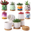 Remerry 12 Pcs 3.5 Inch Mini Succulent Pots with Bamboo Tray White Ceramic Pots Color Your Own DIY Small Planters Containers for Flower Cactus with Drainage Hole for Plant Lover