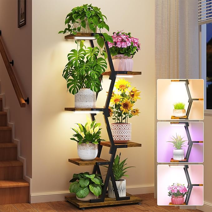 LASZOLA Black 5 Tier Tall Wood and Metal Plant Stand Indoor with Grow Lights, Large Heavy Duty Vertical Corner Flower Rack for Multiple Planter, Sturdy Rustic Shelf Holder Organizer for House Patio