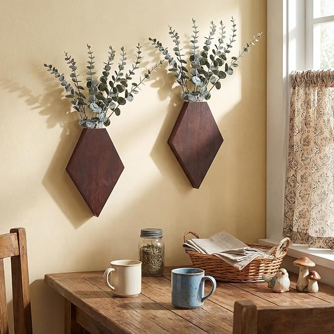 Chunful 2 Pcs Wooden Wall Planter Decor Hanging Faux Plants Greenery Flowers Holder Vase Boxes for Wall Bohemian Farmhouse Room Kitchen Office Indoor Decoration(Brown,9.8 x 6.6 x 1.2 Inches)