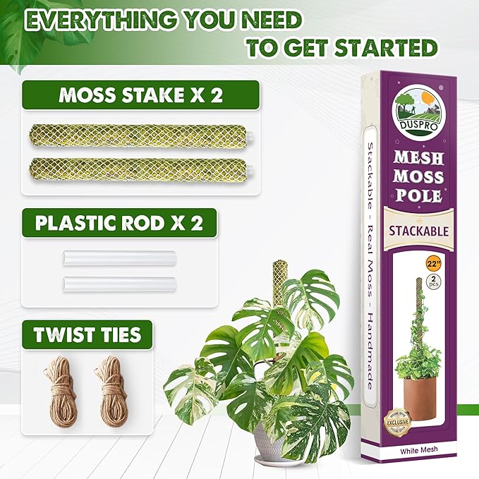DUSPRO 2 Pack 22" White Stackable Mesh Moss Pole for Plants – Extendable Up to 39", Natural Forest Moss Pole Monstera Plant Support, Moss Stick for Climbing Plants, Indoor Plant Stakes Accessories