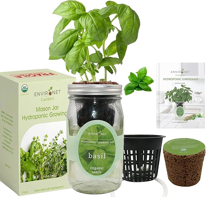 Hydroponic Growing Kit, Self-Watering Mason Jar Herb Garden Starter Kit Indoor, Windowsill Herb Garden, Grow Your Own Herbs from Organic Seeds (Basil)