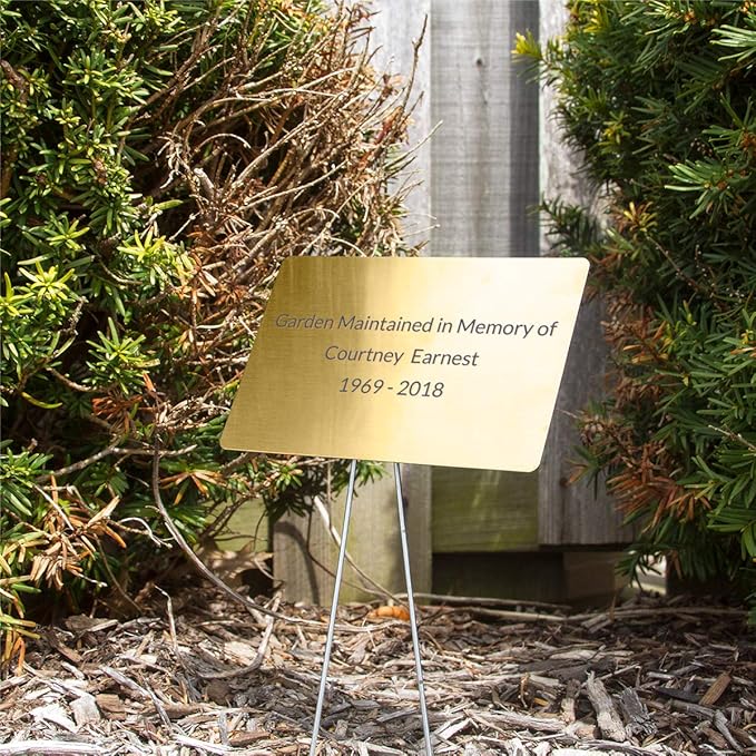 Outdoor Metal Garden Sign, Label, or Memorial. 4 x 2" or 6 x 4" sign with rounded corners and a 10" stake. Materials Include: Stainless Steel, Brass, Copper, Bronze and Titanium. (Brass, 4 x 6")