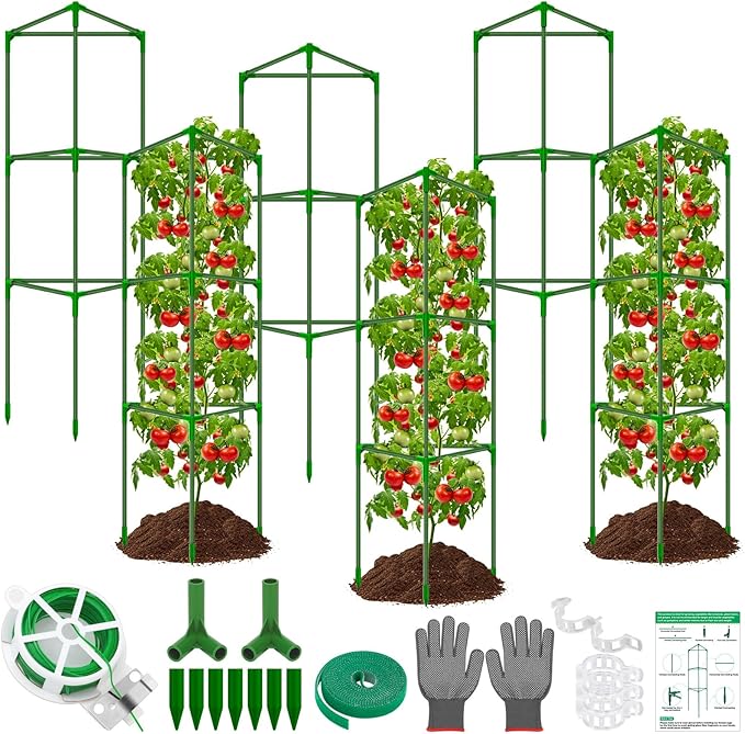 6 Packs Fiberglass Tomato Cages for Garden, 56 Inch Tall Tomato Plant Support, Adjustable Cucumber Stakes Plant Climbing Trellis for Garden Vegetables Fruits, Climbing Bean Support Cages with Clips