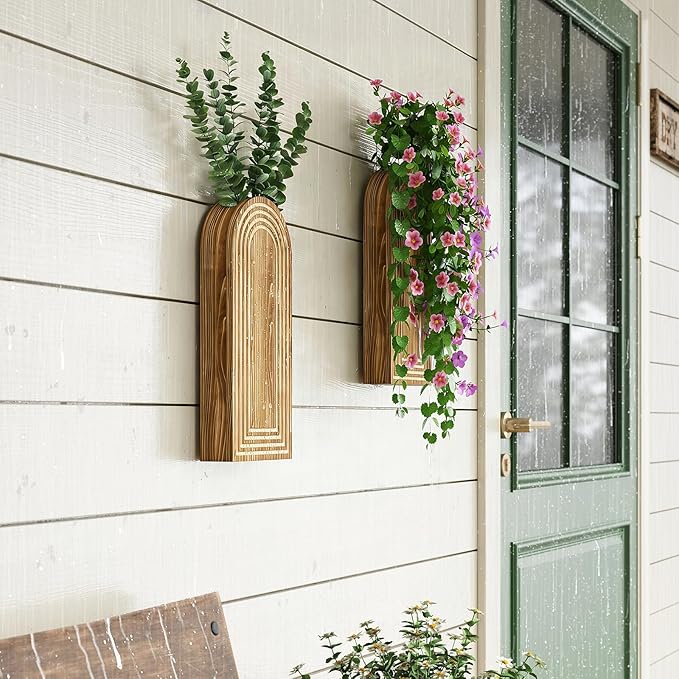 2 Pack Wooden Wall Vase with 14 Fake Eucalyptus for Modern Farmhouse Decor, Boho Art Wall Decor, Wall Planters for Indoor Plants for Bathroom, Kitchen, Bedroom, Dining/Living Room, Wall Plant Holder